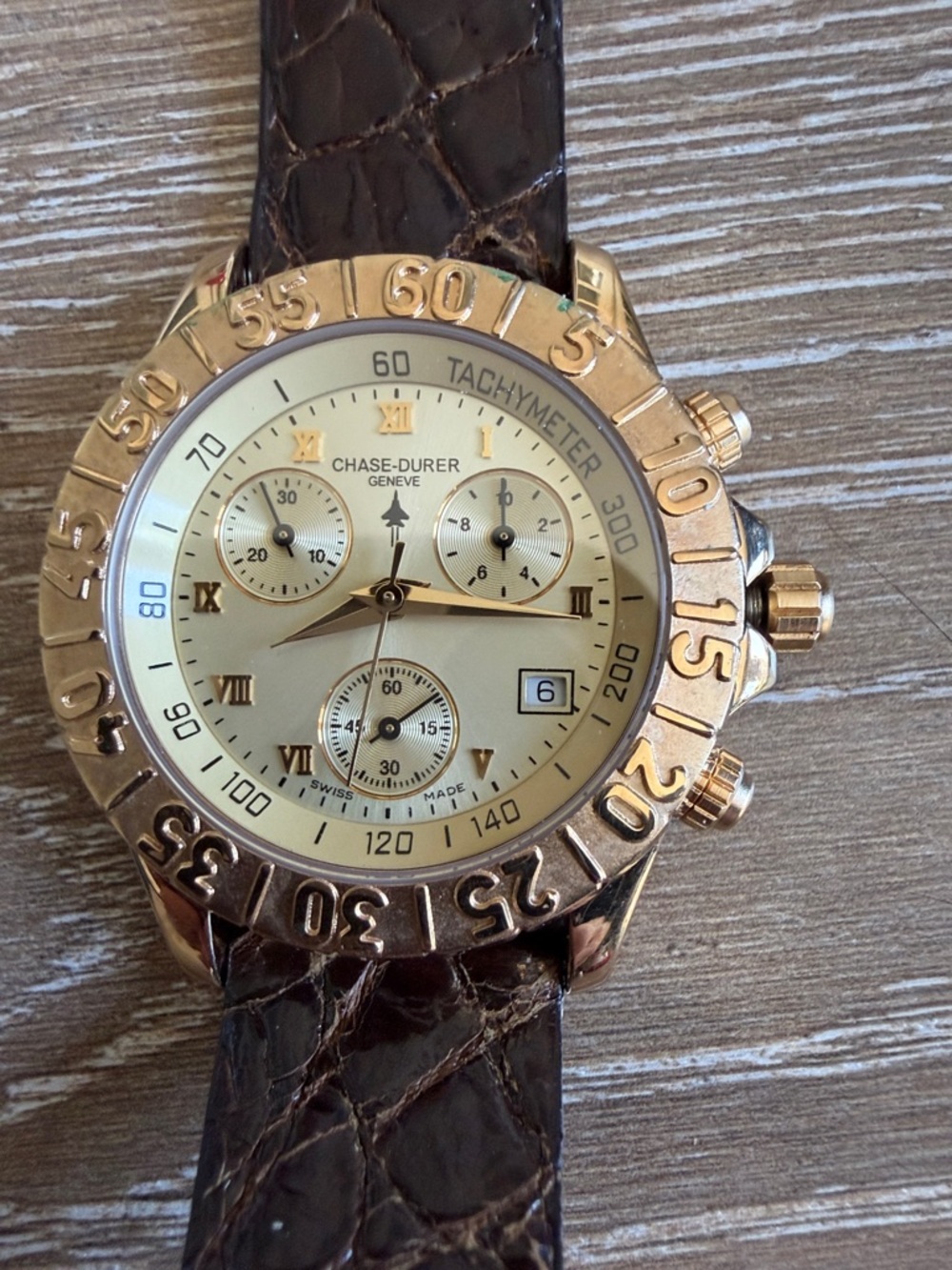 Men’s Gold Chronograph Watch with Brown Leather Strap